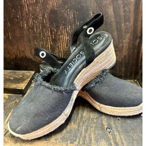 Sole Society Black Canvas Espadrille Wedge Slingback Sandals Frayed Trim Women